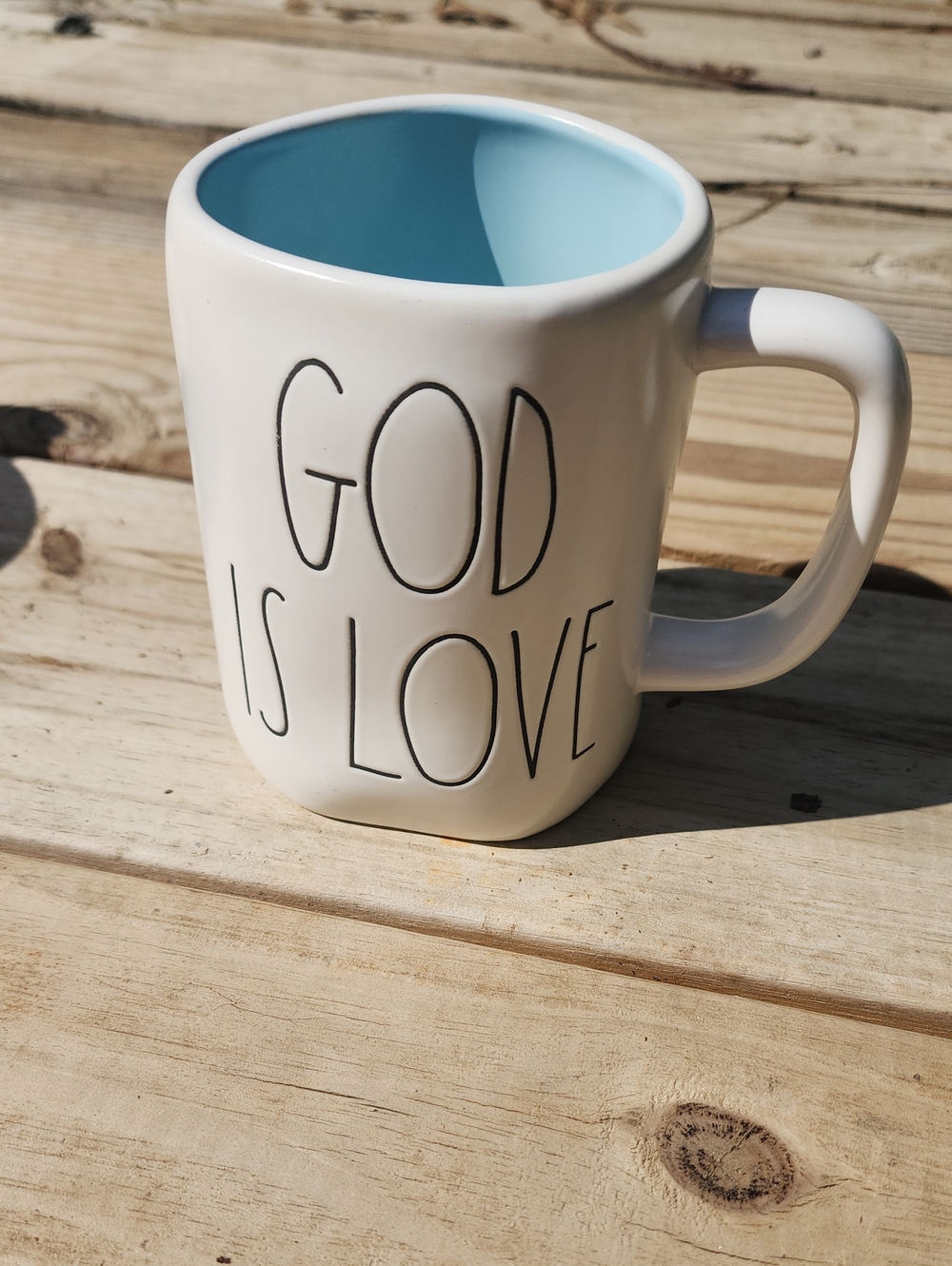 Rae Dunn White Mug with Light Blue Interior - 'GOD IS LOVE'